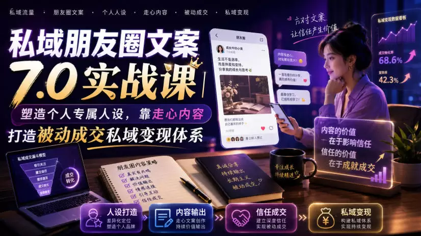 私域朋友圈文案7.0实战课｜塑造个人专属人设，靠走心内容打造被动成交私域变现体系|青心网创站