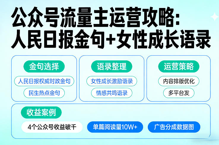 利用人民日报金句+女性成长语录做公众号流量主，4个公众号收益破千青心网创青心网创站