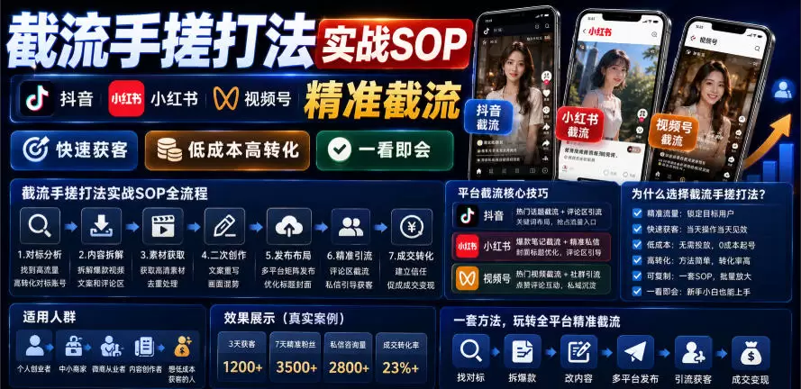 截流手搓打法实战SOP，抖音小红书视频号精准截流，快速获客，低成本高转化，一看即会|青心网创站