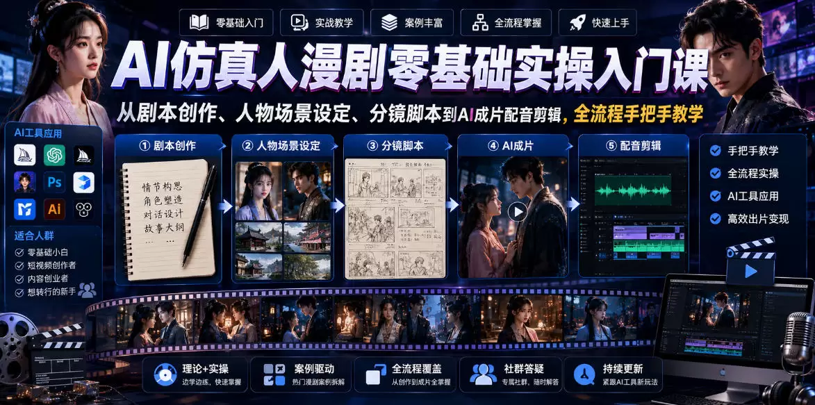 AI仿真人漫剧零基础实操入门课，从剧本创作、人物场景设定、分镜脚本到AI成片配音剪辑，全流程手把手教学|青心网创站