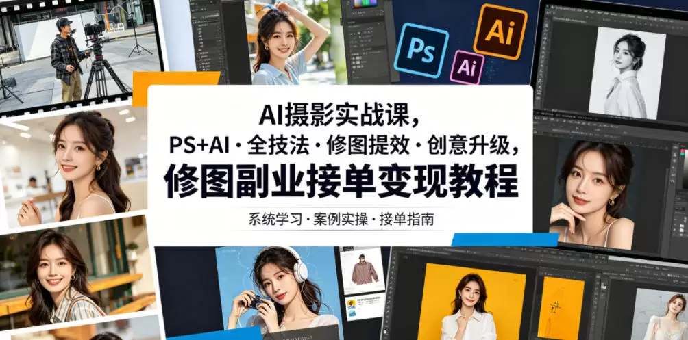 AI摄影实战课，PS+AI・全技法・修图提效・创意升级，修图副业接单变现教程|青心网创站