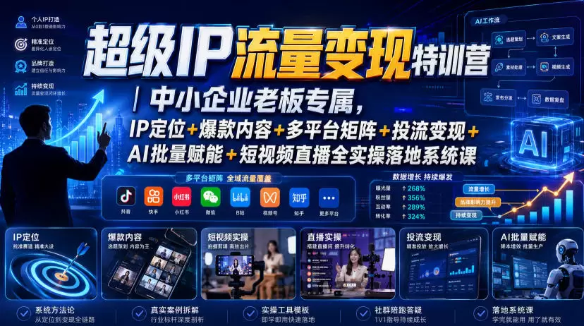 超级IP流量变现特训营｜中小企业老板专属，IP定位+爆款内容+多平台矩阵+投流变现+AI批量赋能+短视频直播全实操落地系统课|青心网创站