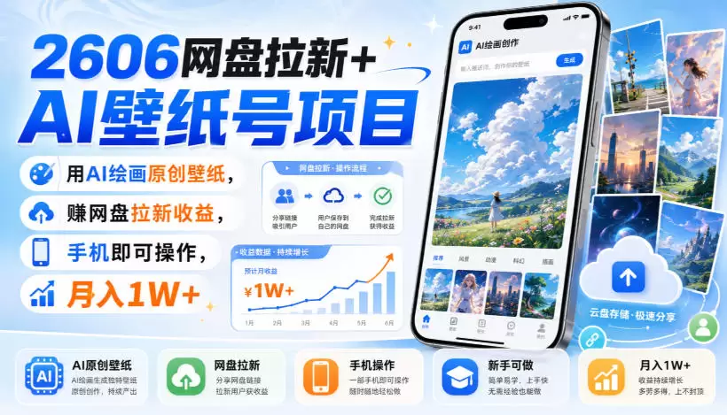 2606网盘拉新+AI壁纸号项目，用AI绘画原创壁纸，賺网盘拉新收益，手机即可操作，月入1W+|青心网创站