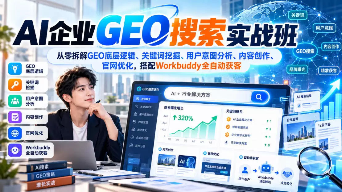AI企业GEO搜索实战班，从零拆解GEO底层逻辑、关键词挖掘、用户意图分析、内容创作、官网优化，搭配Workbuddy全自动获客 - 青心资源站