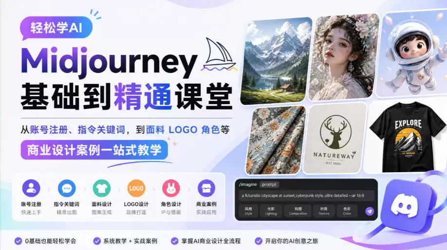 轻松学AI Midjourney基础到精通课堂，从账号注册、指令关键词，到面料LOGO角色等商业设计案例一站式教学 - 青心资源站
