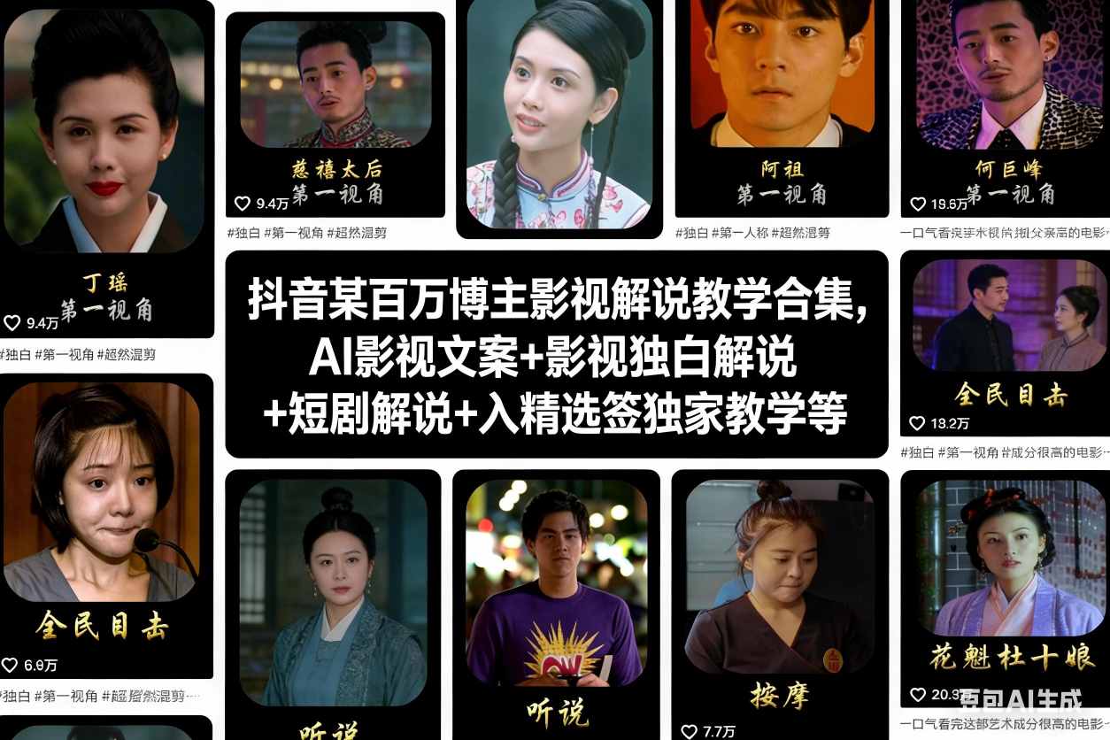 抖音某百万博主影视解说教学合集，AI影视文案+影视独白解说+短剧解说+入精选签独家教学等-青心网创站