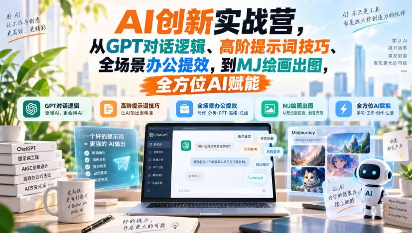 AI创新实战营，从GPT对话逻辑、高阶提示词技巧、全场景办公提效，到MJ绘画出图，全方位AI赋能 - 青心资源站