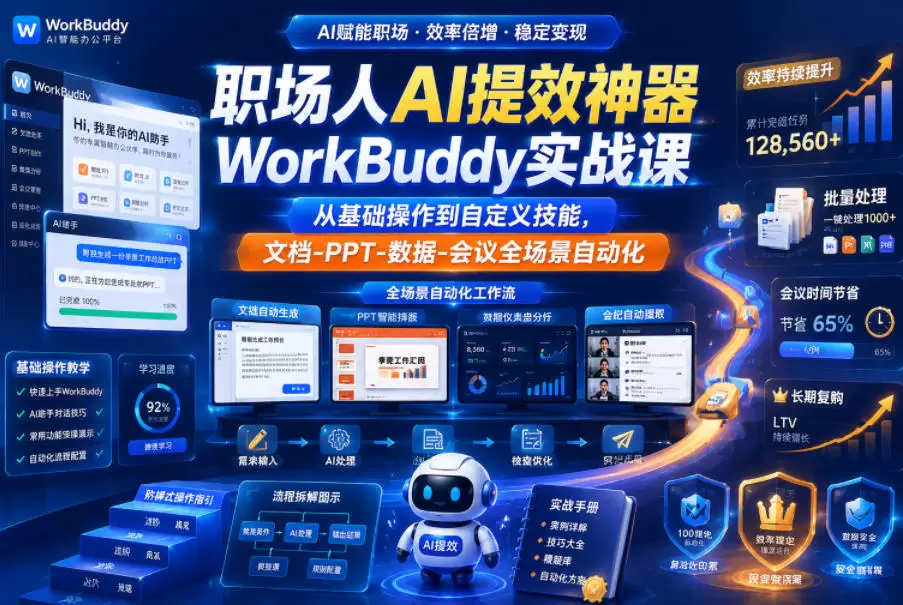 职场人AI提效神器WorkBuddy实战课，从基础操作到自定义技能，文档-PPT-数据-会议全场景自动化|青心网创站