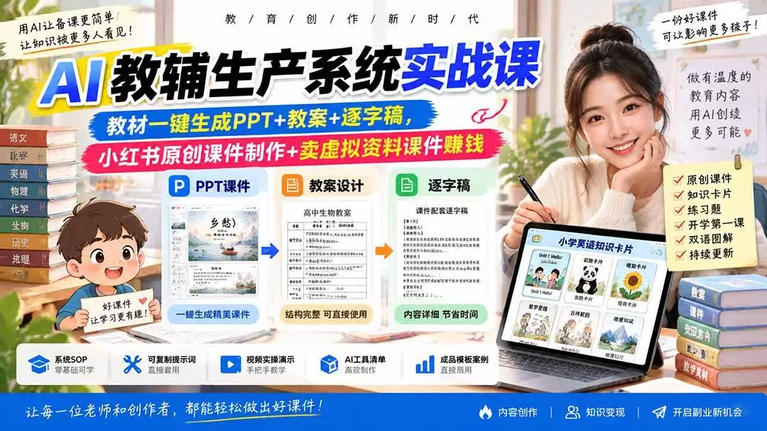 (20542期)AI教辅生产系统实战课|教材一键生成PPT+教案+逐字稿,小红书原创课件制作+卖虚拟资料课件赚钱 (20542期)AI教辅生产系统实战课|教材一键生成PPT+教案+逐字稿,小红书原创课件制作+卖虚拟资料课件赚钱