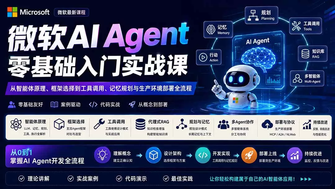 微软AI Agent零基础入门实战课：从智能体原理、框架选择到工具调用、记忆规划与生产环境部署全流程|青心网创站