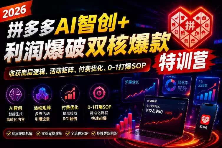 2026拼多多AI智创+利润爆破双核爆款特训营，收获底层逻辑、活动矩阵、付费优化、0-1打爆SOP（更新0810）|青心网创站