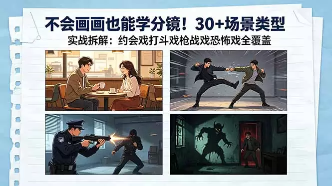 不会画画也能学分镜！30+场景类型实战拆解：约会戏打斗戏枪战戏恐怖戏全覆盖|青心网创站