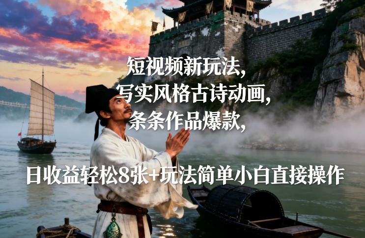 短视频新玩法，写实风格古诗动画，条条作品爆款，日收益轻松8张+玩法简单小白直接操作青心网创青心网创站