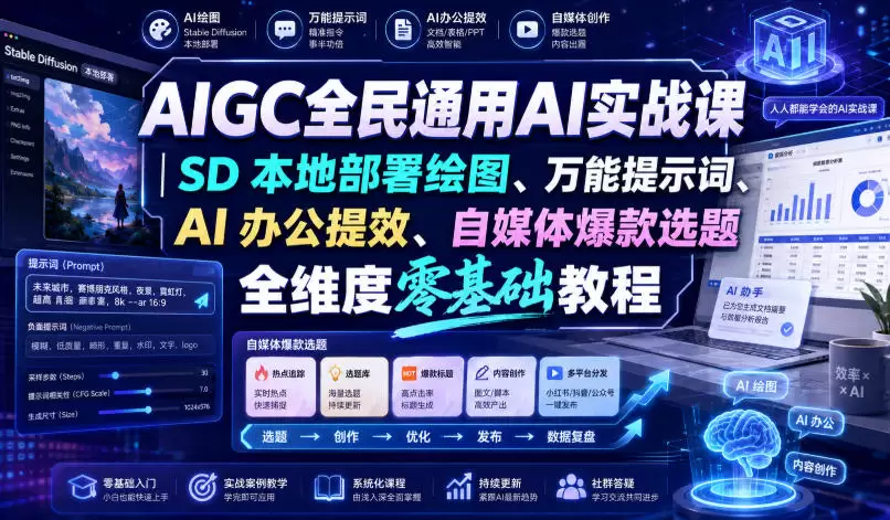AIGC全民通用AI实战课｜SD本地部署绘图、万能提示词、AI办公提效、自媒体爆款选题全维度零基础教程|青心网创站