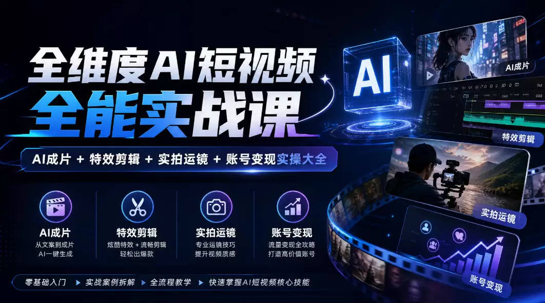 全维度AI短视频全能实战课，AI成片+特效剪辑+实拍运镜+账号变现实操大全 - 青心资源站