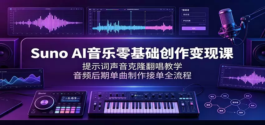 Suno AI音乐零基础创作变现课：提示词声音克隆翻唱教学，音频后期单曲制作接单全流程|青心网创站