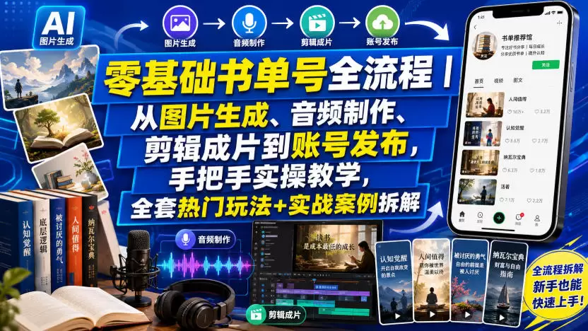 零基础书单号全流程｜从图片生成、音频制作、剪辑成片到账号发布，手把手实操教学，全套热门玩法+实战案例拆解|青心网创站
