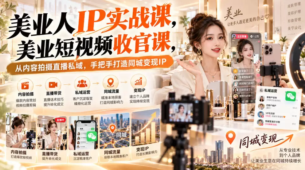 【无水印】美业人IP实战课，美业短视频收官课，从内容拍摄直播私域，手把手打造同城变现IP - 青心资源站