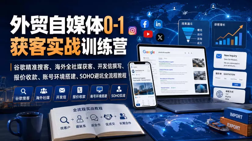 外贸自媒体0-1获客实战训练营｜谷歌精准搜客、海外全社媒获客、开发信撰写、报价收款、账号环境搭建、SOHO避坑全流程教程|青心网创站
