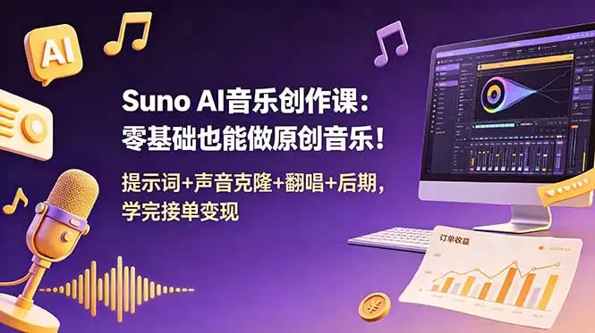 Suno AI音乐创作课：零基础也能做原创音乐！提示词+声音克隆+翻唱+后期，学完接单变现|青心网创站