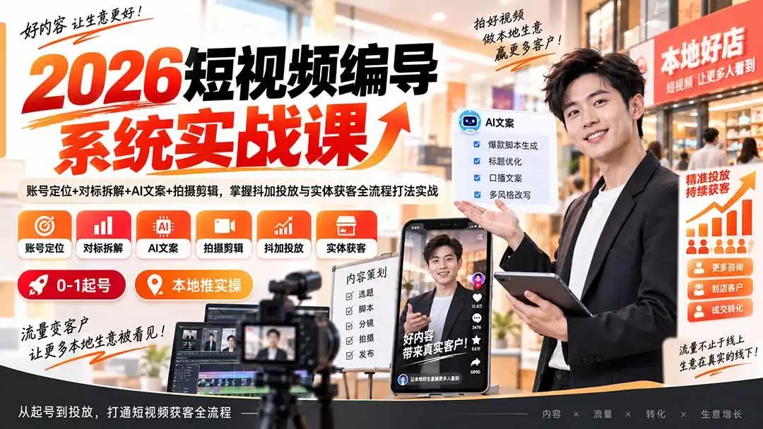 (20305期)2026短视频编导系统实战课:账号定位+对标拆解+AI文案+拍摄剪辑,掌握抖加投放与实体获客全流程打法实战 (20305期)2026短视频编导系统实战课:账号定位+对标拆解+AI文案+拍摄剪辑,掌握抖加投放与实体获客全流程打法实战