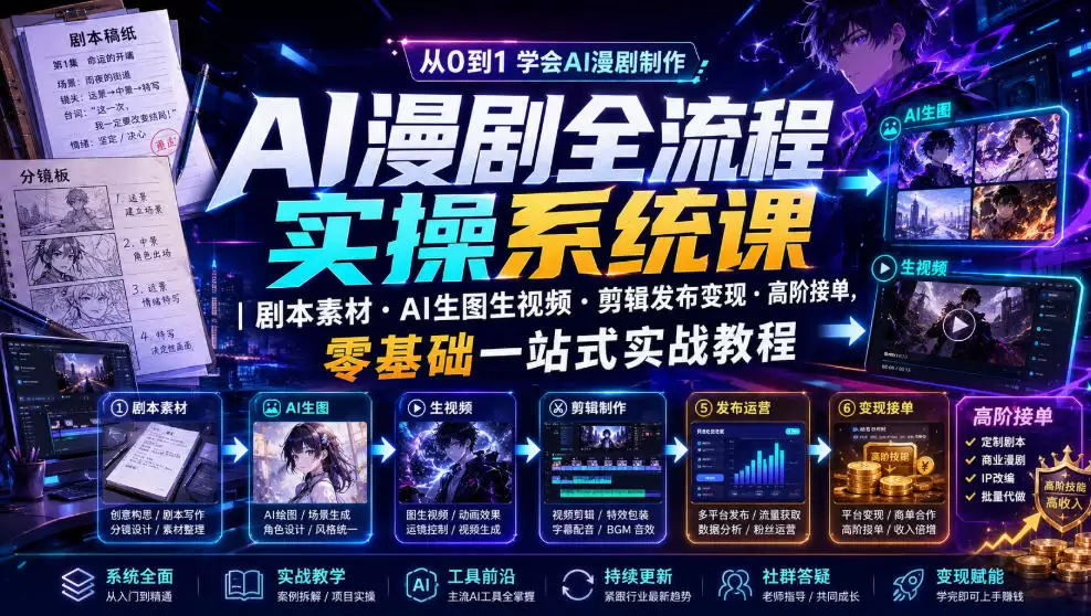 AI漫剧全流程实操系统课｜剧本素材・AI生图生视频・剪辑发布变现・高阶接单，零基础一站式实战教程|青心网创站