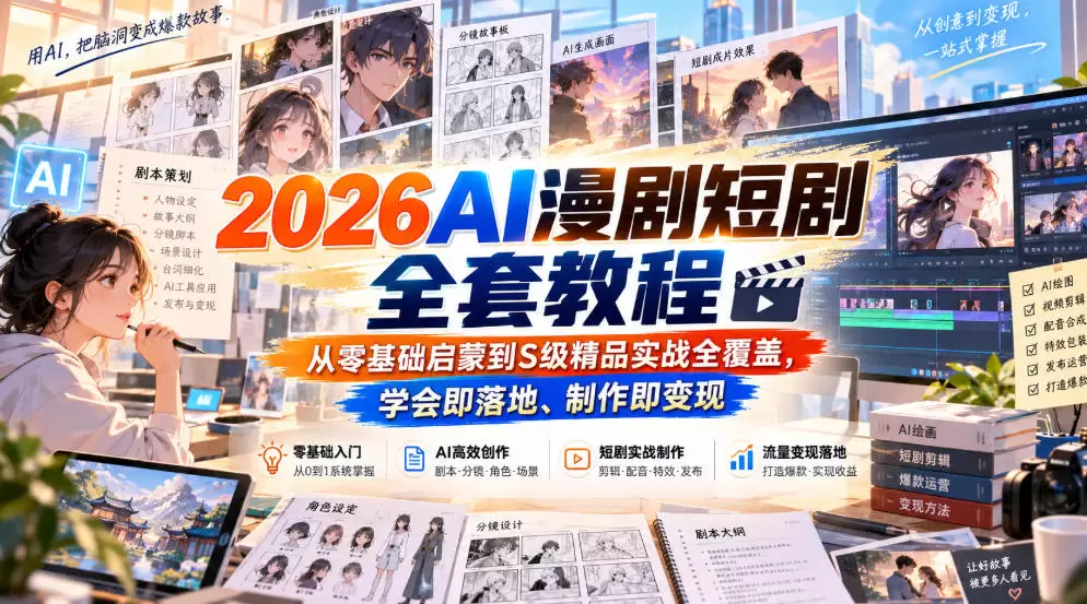 2026AI漫剧短剧全套教程，从零基础启蒙到S级精品实战全覆盖，学会即落地、制作即变现 - 青心资源站