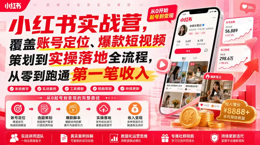 小红书实战营，覆盖账号定位、爆款短视频策划到实操落地全流程，从零到跑通第一笔收入|青心网创站