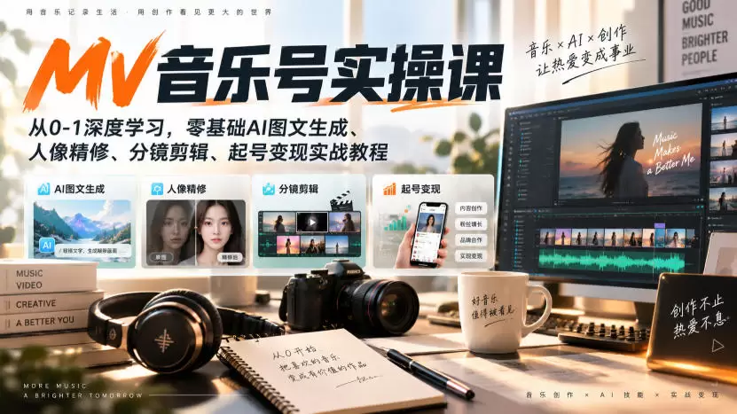 AI MV音乐号实操课，从0-1深度学习，零基础AI图文生成、人像精修、分镜剪辑、起号变现实战教程|青心资源站