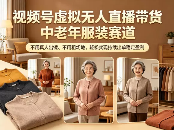 视频号虚拟无人直播带货中老年服装赛道,不用真人出镜、不用租场地,轻松实现持续出单稳定盈利 视频号虚拟无人直播带货中老年服装赛道,不用真人出镜、不用租场地,轻松实现持续出单稳定盈利