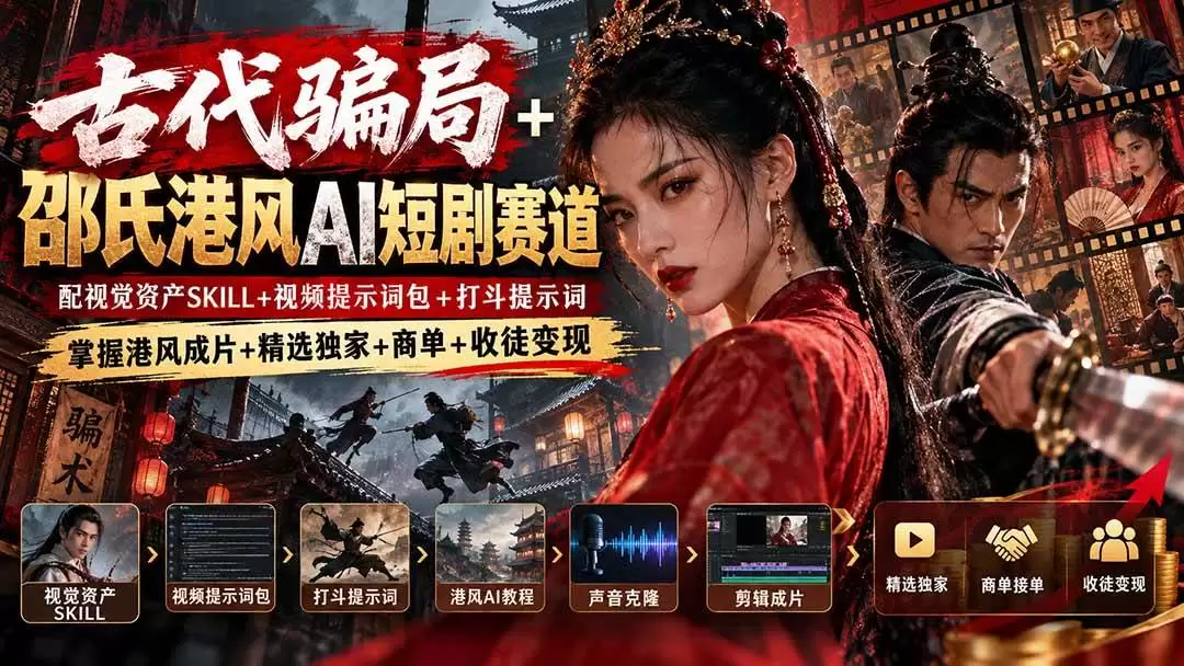 （20684期）古代骗局+邵氏港风AI短剧赛道：配视觉资产SKILL+视频提示词包+打斗提示词，掌握港风成片+精选独家+商单+收徒变现 - 青心资源站