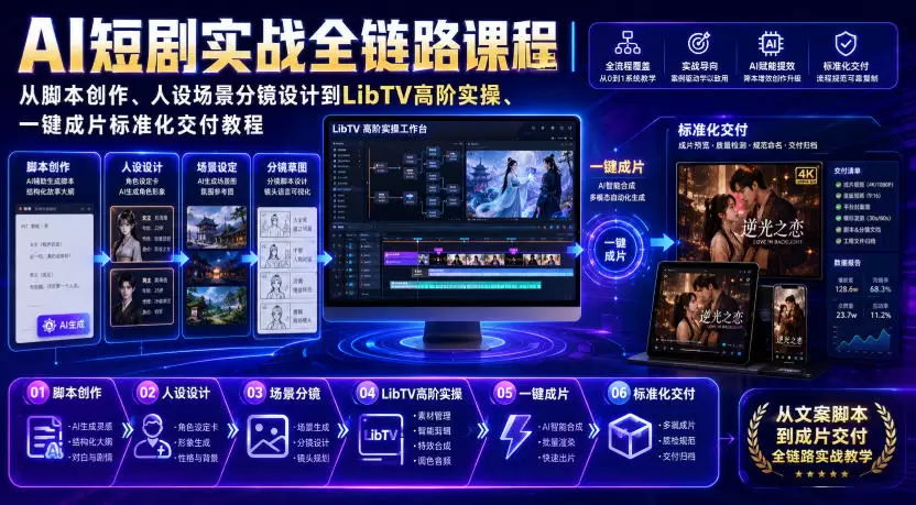 AI短剧实战全链路课程｜从脚本创作、人设场景分镜设计到LibTV高阶实操、一键成片标准化交付教程|青心网创站