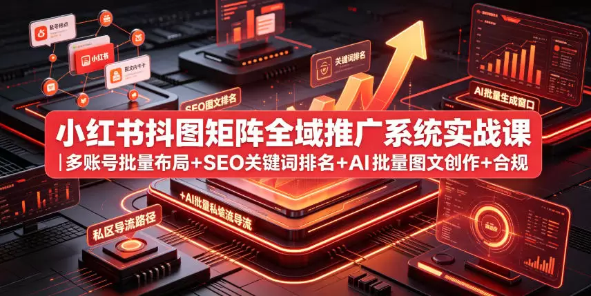 小红书抖图矩阵全域推广系统实战课｜多账号批量布局+SEO关键词排名+AI批量图文创作+合规私域导流完整落地教程|青心网创站