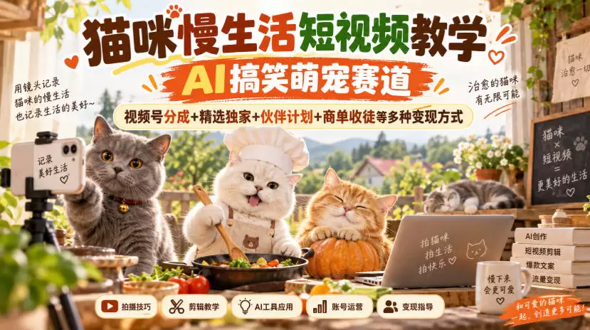 猫咪慢生活短视频教学,AI搞笑萌宠赛道,视频号分成+精选独家+伙伴计划+商单收徒等多种变现方式 猫咪慢生活短视频教学,AI搞笑萌宠赛道,视频号分成+精选独家+伙伴计划+商单收徒等多种变现方式