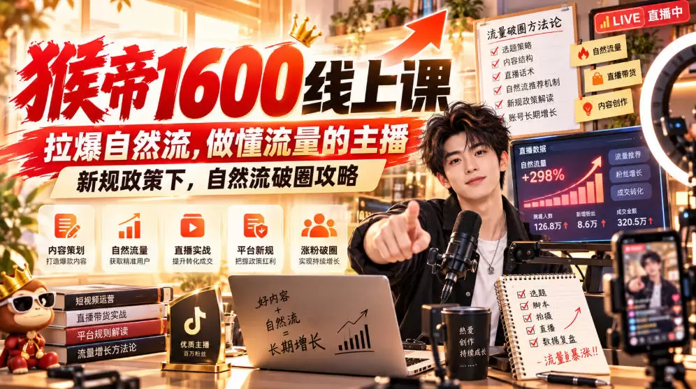 猴帝1600线上课，拉爆自然流，做懂流量的主播，新规政策下，自然流破圈攻略【更新260926】 - 青心资源站