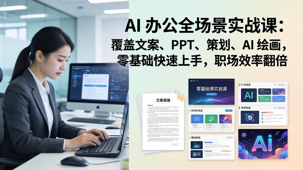 AI 办公全场景实战课:覆盖文案、PPT、策划、AI 绘画,零基础快速上手,职场效率翻倍|青心网创站