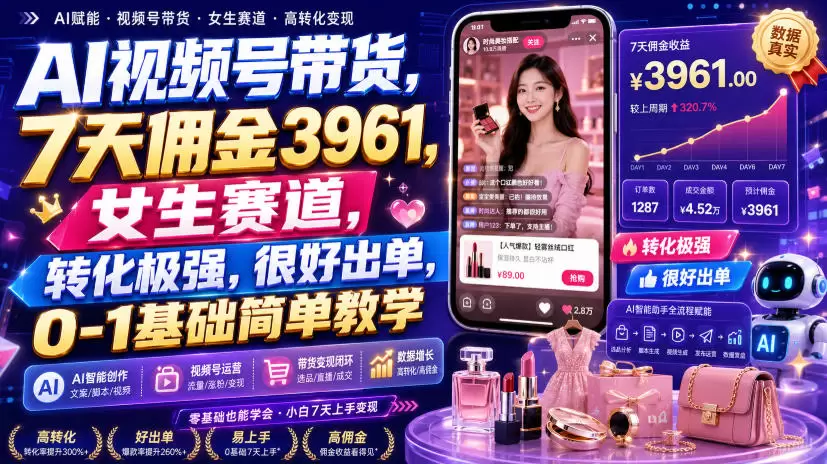 AI视频号带货，7天佣金3961，女生赛道，转化极强，很好出单，0-1基础简单教学|青心网创站