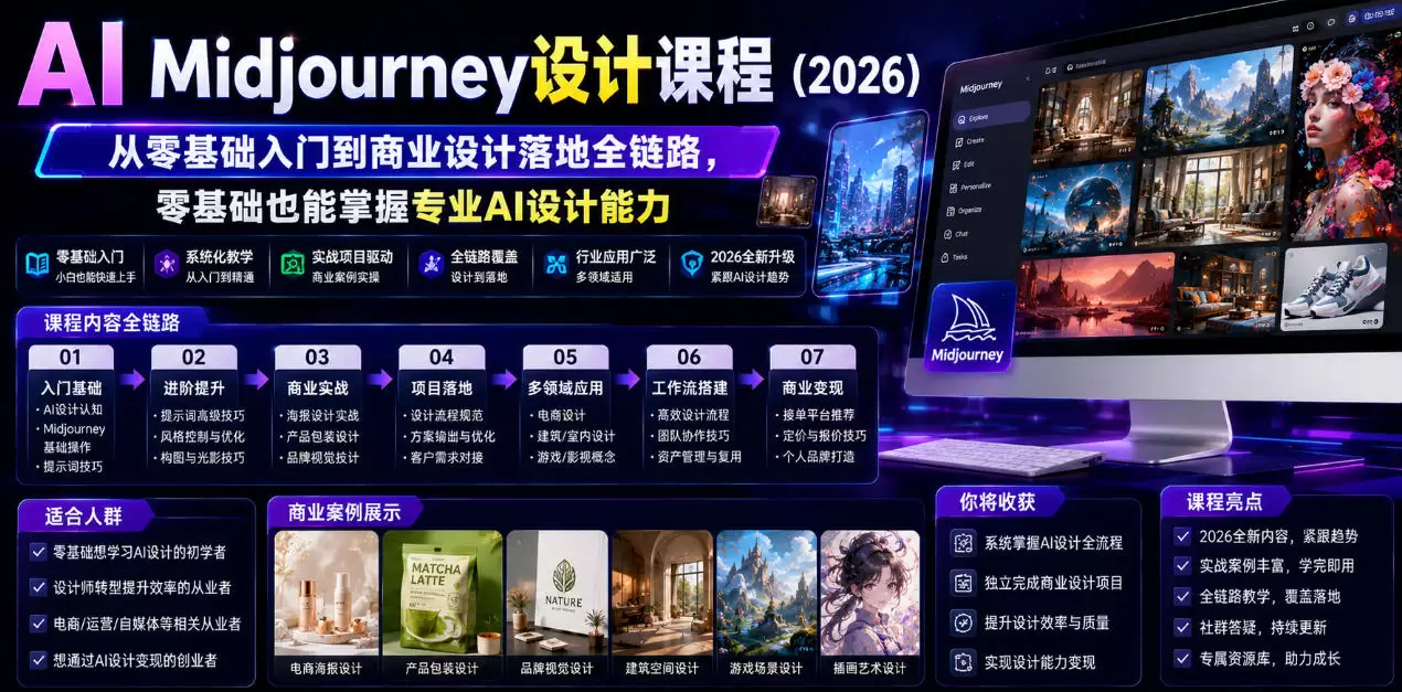 AI Midjourney设计课程（2026），从零基础入门到商业设计落地全链路，零基础也能掌握专业AI设计能力|青心网创站