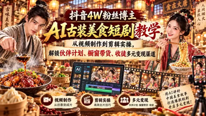 抖音4W粉丝博主AI古装美食短剧教学,从视频制作到剪辑实操,解锁伙伴计划、橱窗带货、收徒多元变现渠道 抖音4W粉丝博主AI古装美食短剧教学,从视频制作到剪辑实操,解锁伙伴计划、橱窗带货、收徒多元变现渠道