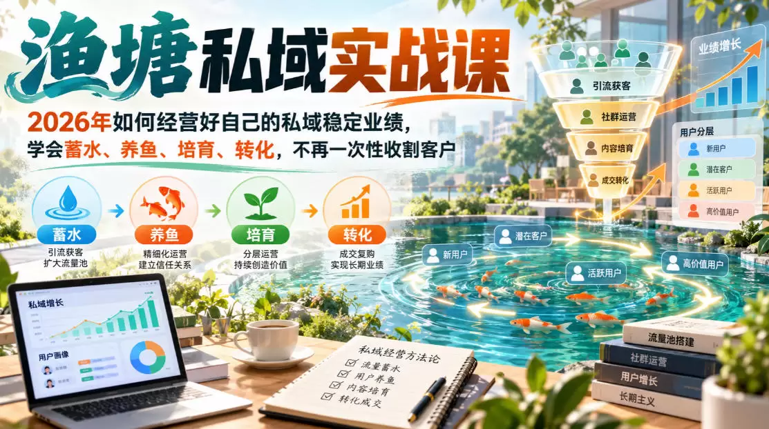 渔塘私域实战课，2026年如何经营好自己的私域稳定业绩，学会蓄水、养鱼、培育、转化，不再一次性收割客户 - 青心资源站