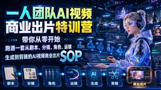 一人团队AI视频商业出片实战课：带你从零开始跑通一套从剧本、分镜、角色、运镜、生成到剪辑的AI视频商业出片SOP|青心网创站