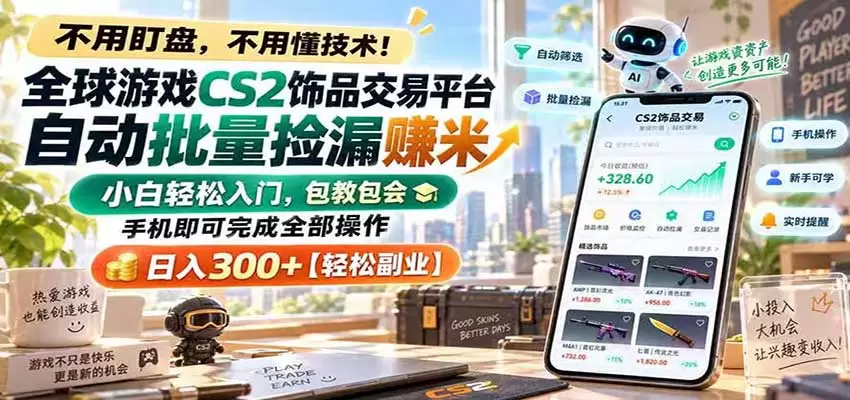 全球游戏CS2饰品交易平台自动批量捡漏赚米，手机即可完成全部操作，日入300+ - 青心资源站