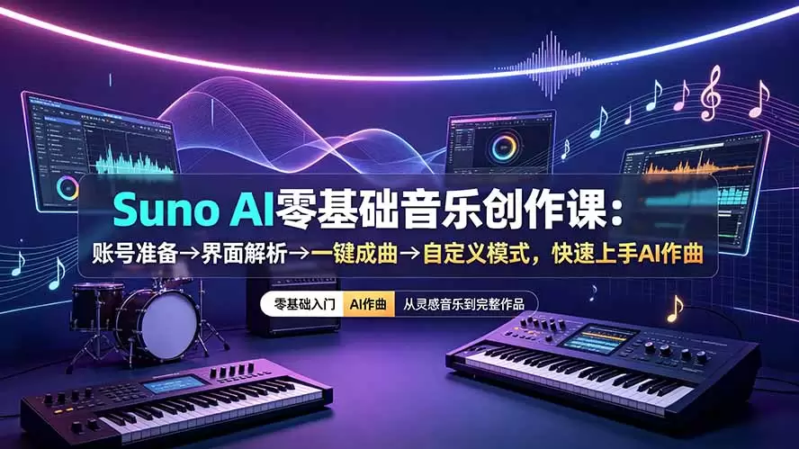 Suno AI零基础音乐创作课：账号准备→界面解析→一键成曲→自定义模式，快速上手AI作曲|青心网创站