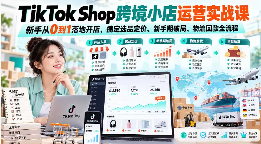 TikTok Shop跨境小店运营实战课，新手从0到1落地开店，搞定选品定价、新手期破局、物流回款全流程 - 青心资源站