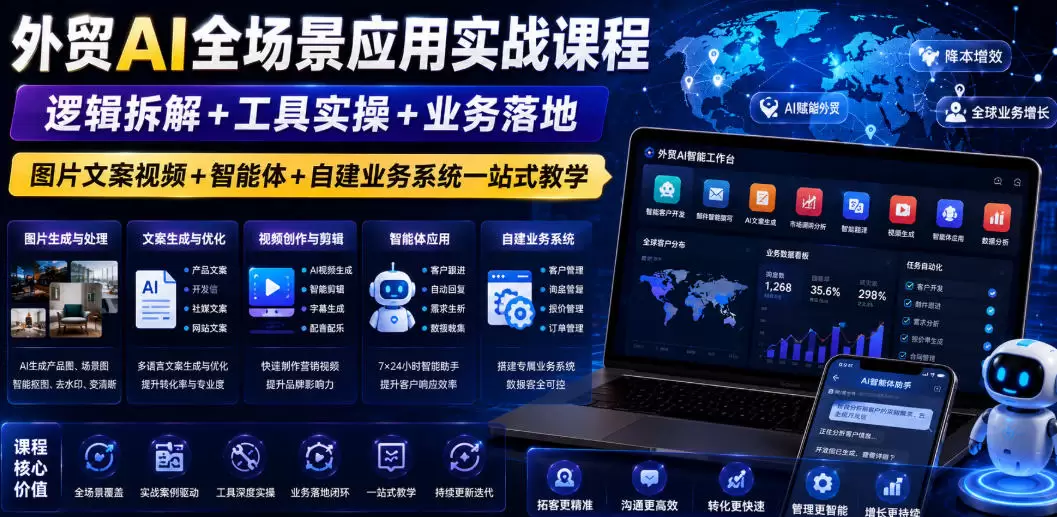 外贸AI全场景应用实战课程｜逻辑拆解+工具实操+业务落地，图片文案视频+智能体+自建业务系统一站式教学|青心网创站