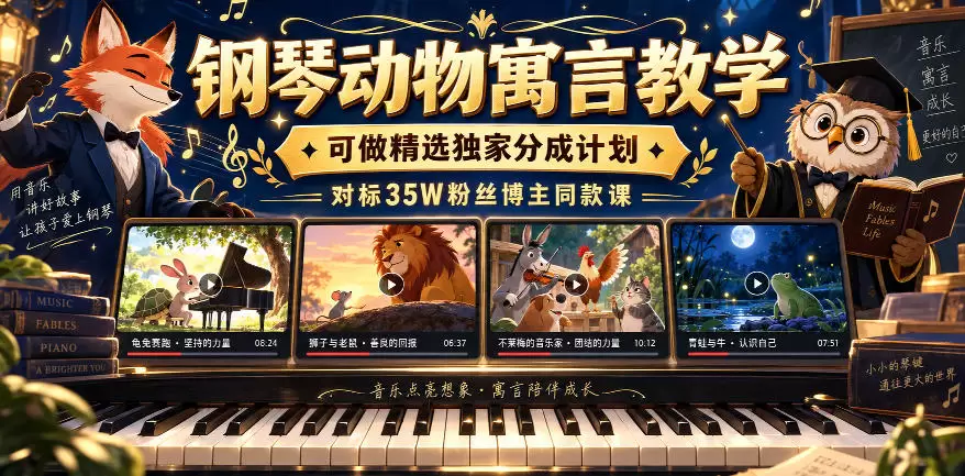 钢琴动物寓言教学，可做精选独家分成计划，对标35W粉丝博主同款课|青心资源站