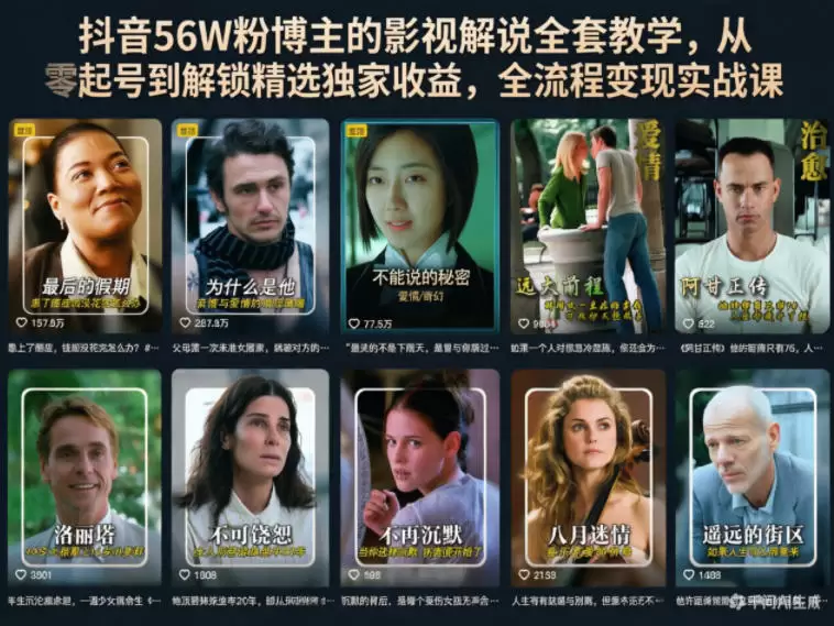 抖音56W粉博主的影视解说全套教学，从零起号到解锁精选独家收益，全流程变现实战课|青心网创站