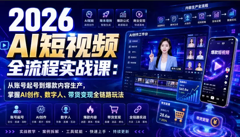 2026 AI短视频全流程实战课：从账号起号到爆款内容生产，掌握AI创作、数字人、带货变现全链路玩法|青心网创站