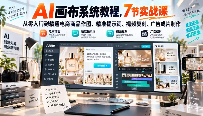 AI画布系统教程，7节实战课从零入门到精通电商商品作图、精准提示词、视频复刻、广告成片制作 - 青心资源站