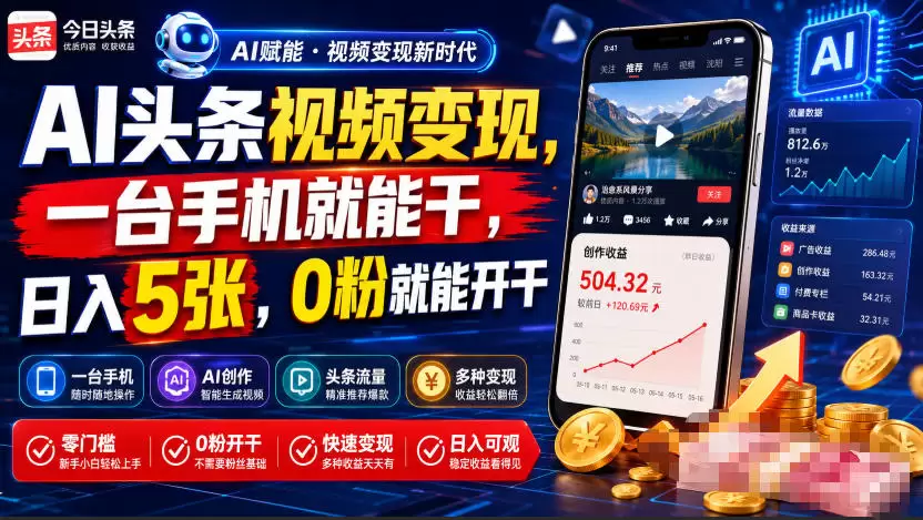 AI头条视频变现，一台手机就能干，日入5张，0粉就能开干|青心网创站